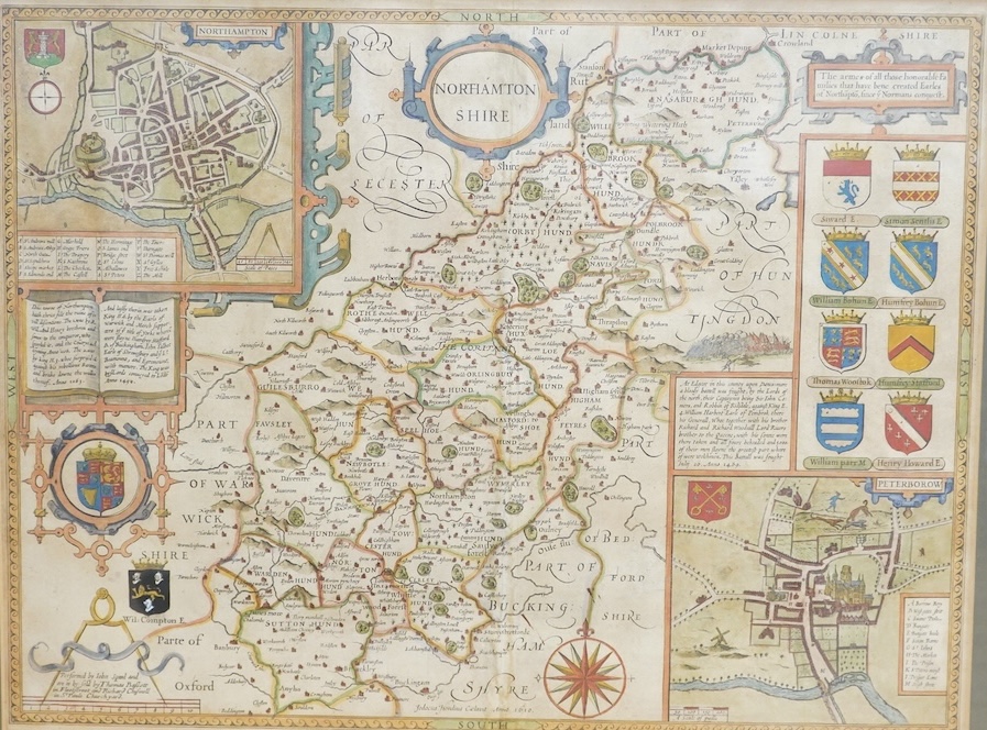 John Speed (1552-1629), Northamptonshire, sold by Thomas Bassett and Richard Chiswell, hand coloured engraved map, published 1676, text and gallery label verso, 39 x 51cm